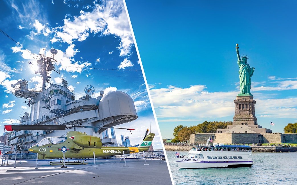 Intrepid Museum aircraft carrier and Statue of Liberty with sightseeing cruise in New York City.