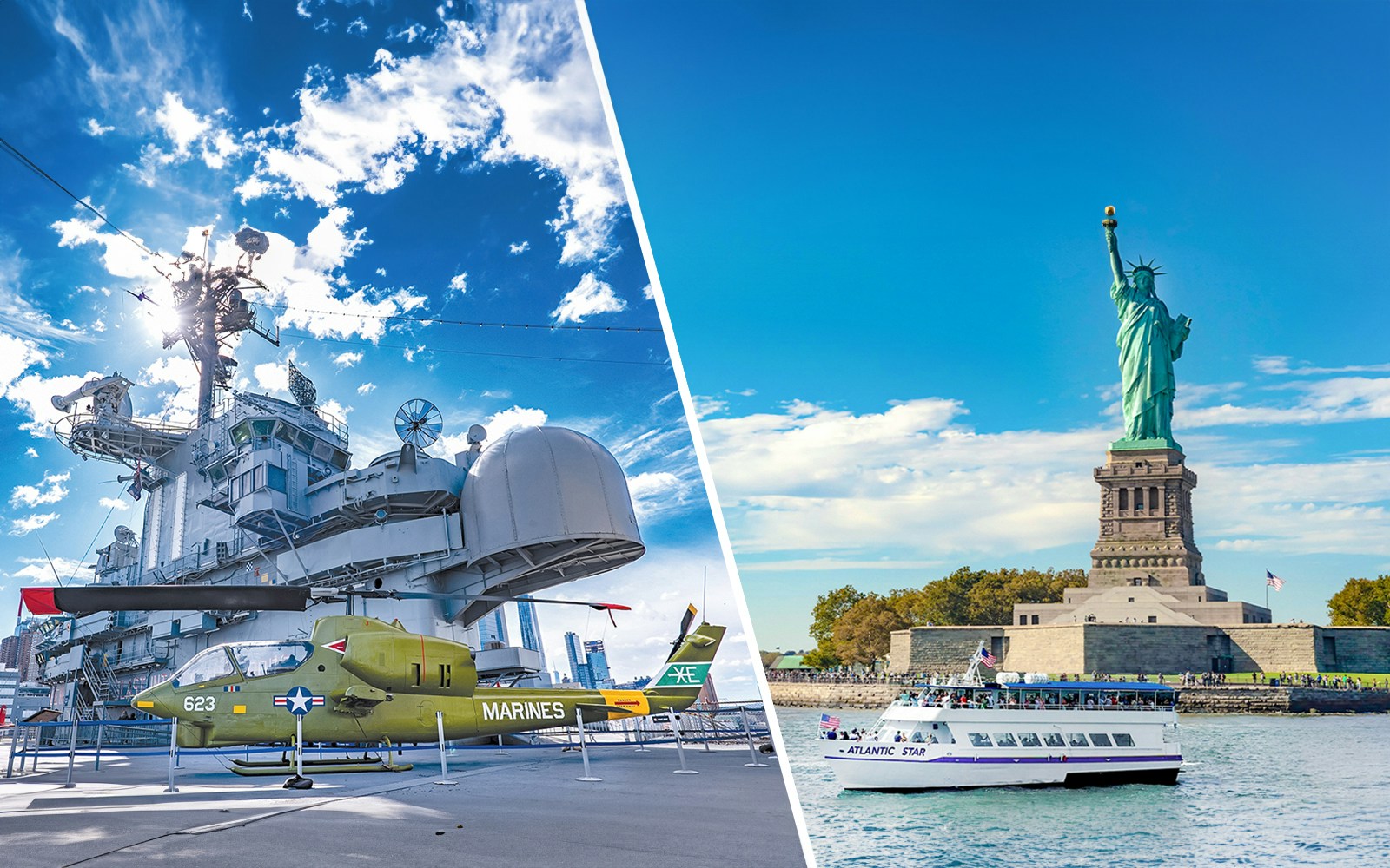Tourists enjoying the New York City Downtown view from the Statue of Liberty Sightseeing Cruise, with a glimpse of the Intrepid Museum in the background