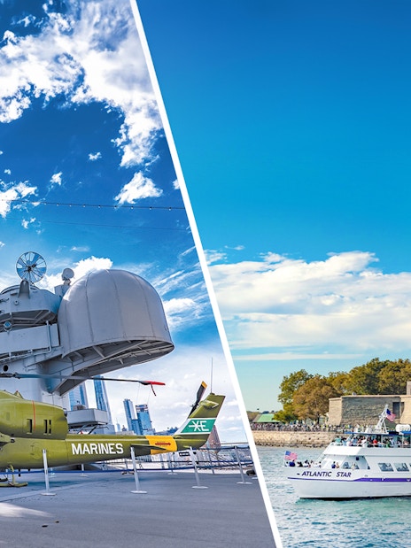 Intrepid Museum aircraft carrier and Statue of Liberty with sightseeing cruise in New York City.