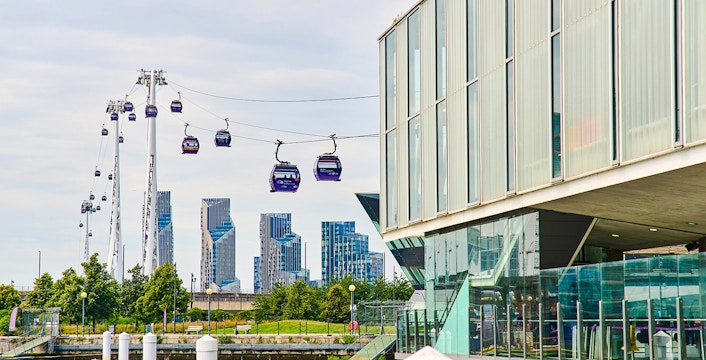 IFS Cloud Cable Car over River Thames in London with city skyline in background.