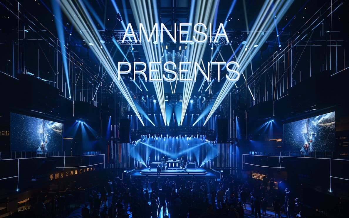 Amnesia Ibiza nightclub with vibrant lights and crowd during Amnesia Presents event.