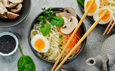 A bowl of udon noodles with egg in Kuala Lumpur
