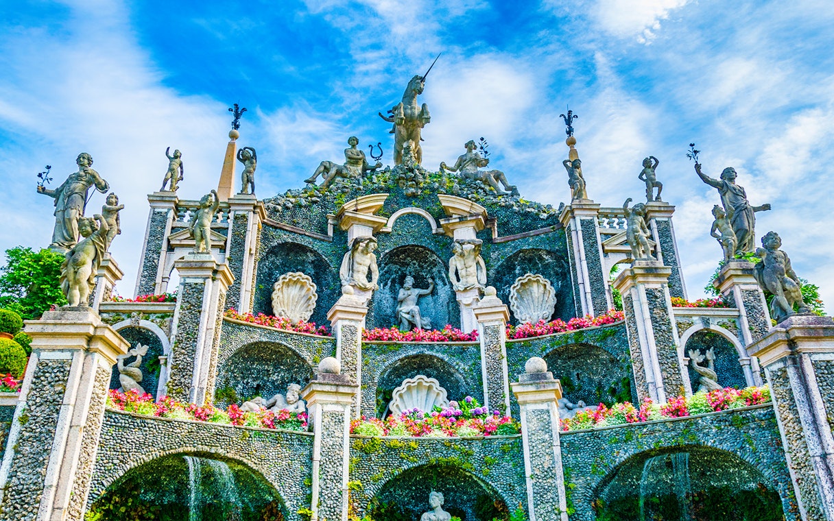 Terraced garden with statues and fountains at Isola Bella, Italy.
