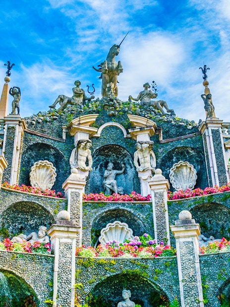 Terraced garden with statues and fountains at Isola Bella, Italy.