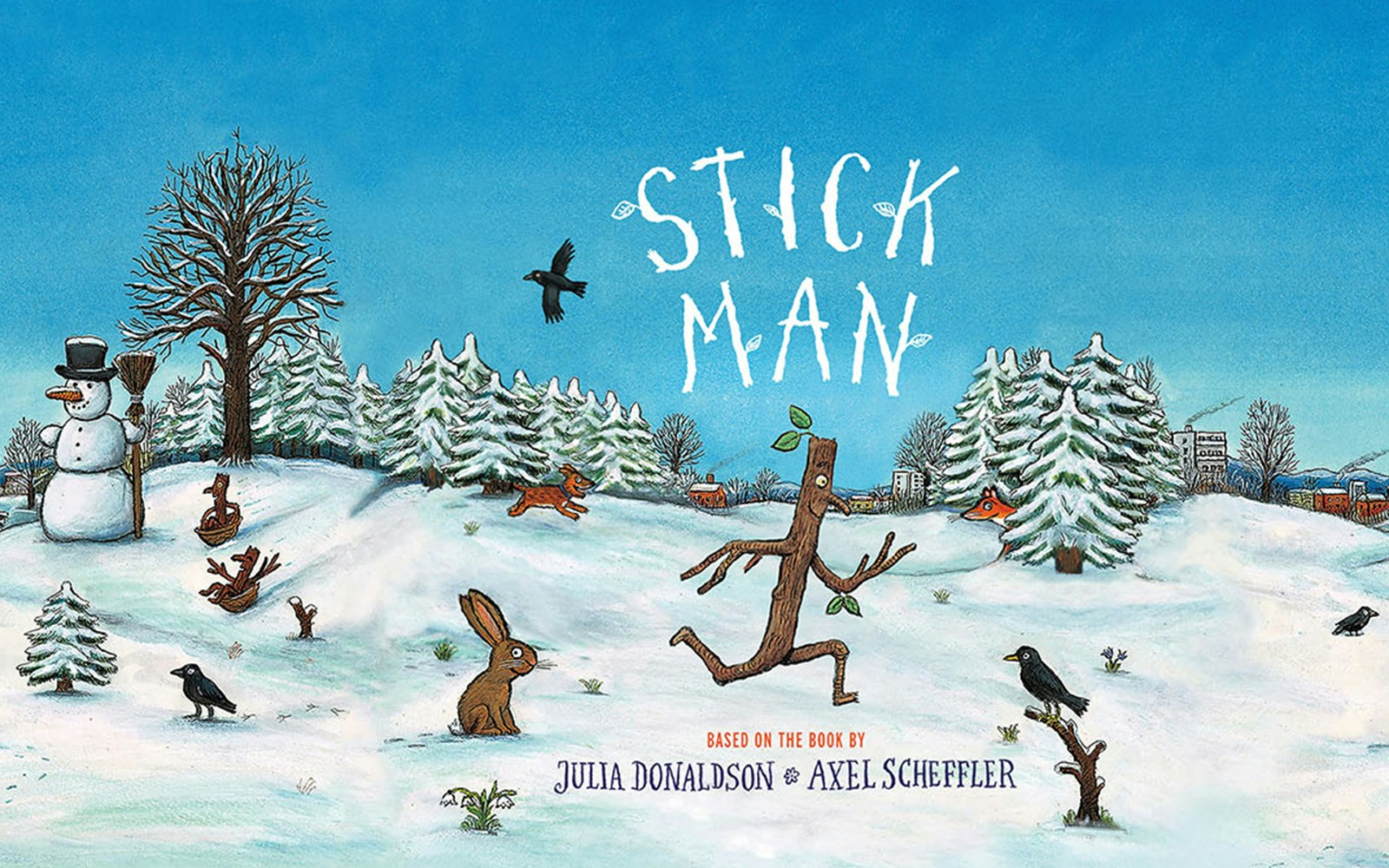 Stick Man running through snowy park with animals and snowman, London.