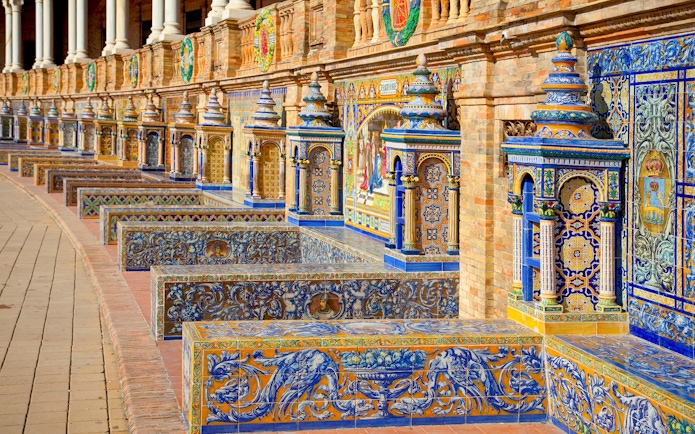 Colorful ceramic tiles at Spain Square, Seville, featured on the María Luisa Park tour.
