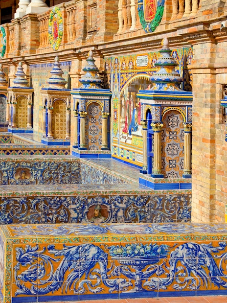Colorful ceramic tiles at Spain Square, Seville, featured on the María Luisa Park tour.