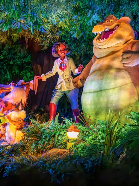 Tiana and friends in a vibrant bayou scene at night, Walt Disney World Resort, Orlando.