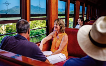 Passengers enjoying views on a scenic train tour through lush landscapes.