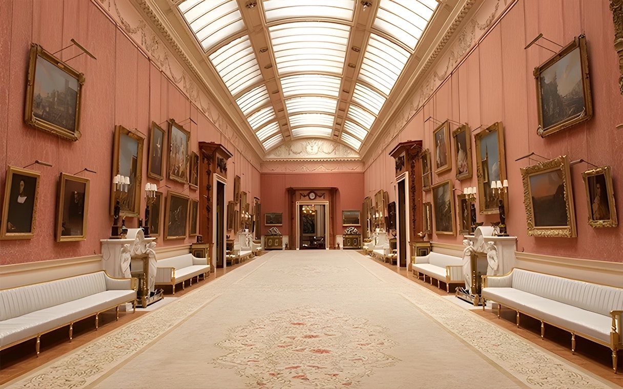 Buckingham Palace State Rooms with paintings and ornate decor on a guided tour.