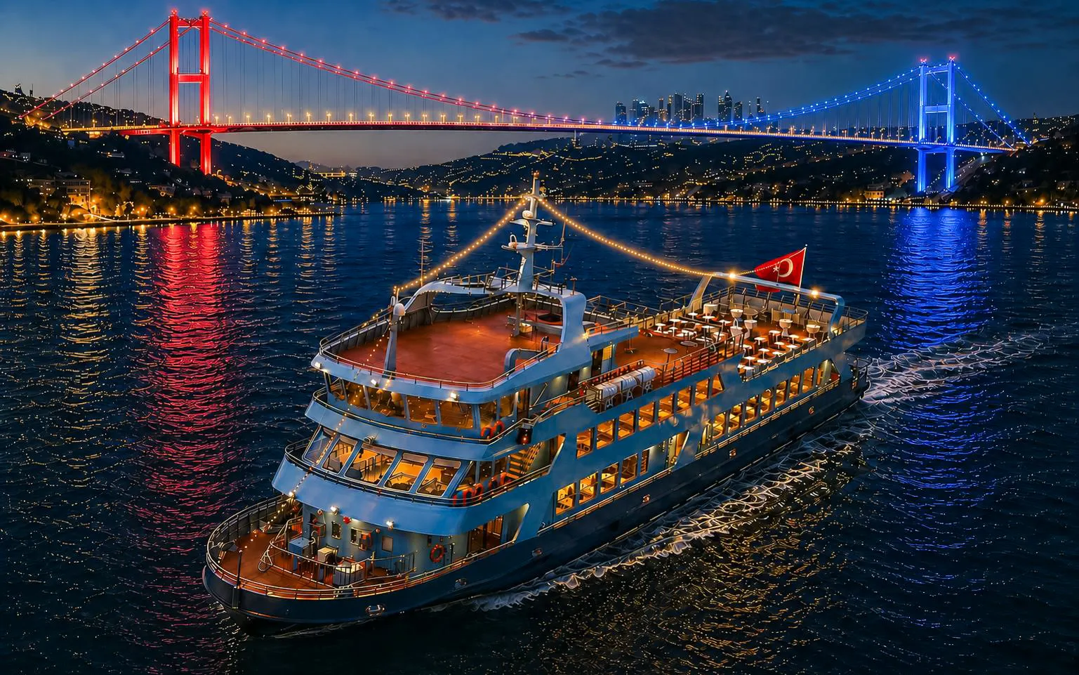 Bosphorus dinner cruise ship with Turkish flag under illuminated bridge, Istanbul.