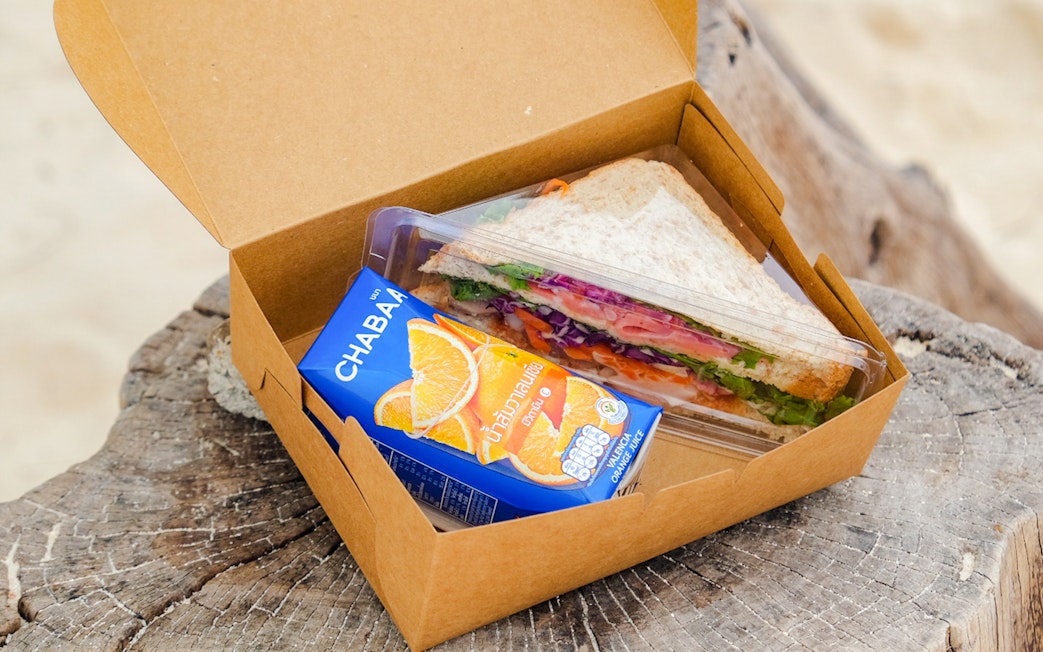 Lunchbox with sandwich and orange juice on a weathered log.