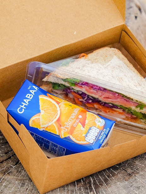 Lunchbox with sandwich and orange juice on a weathered log.