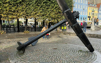 Anchor monument in Nyhavn, Copenhagen, part of the self-guided murder mystery city exploration game.