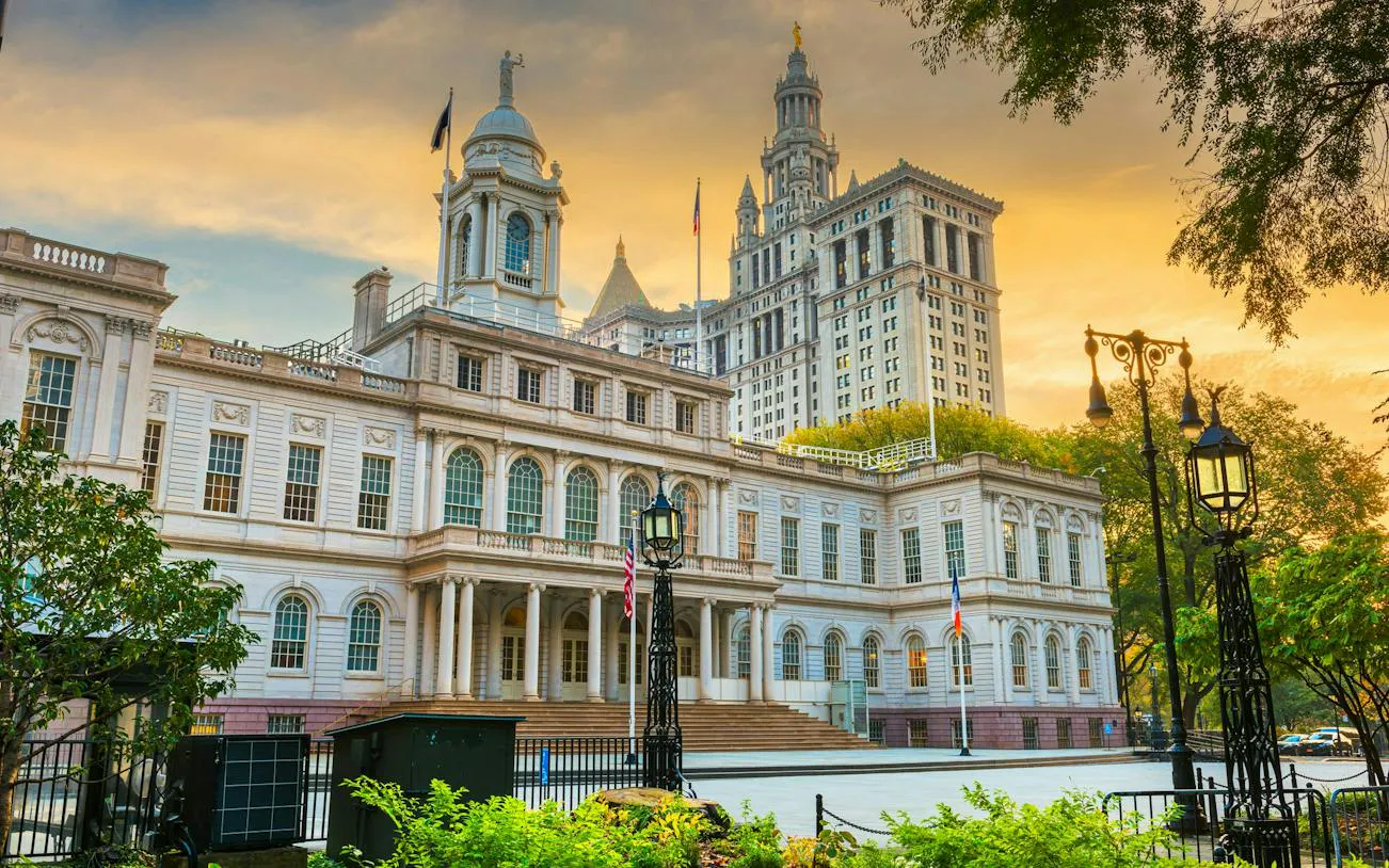 New York City Hall at sunset, part of Alexander Hamilton self-guided tour.