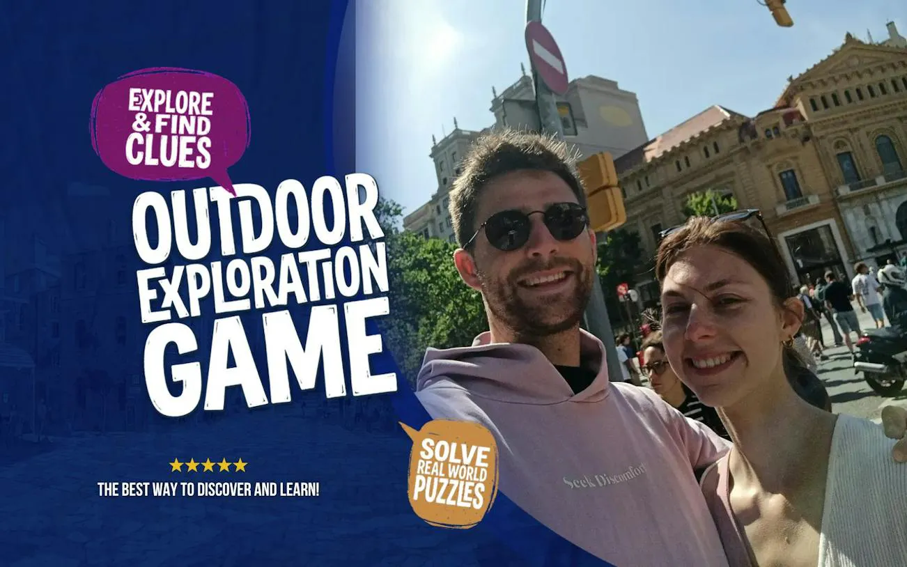 Outdoor exploration game in Barcelona with participants smiling near historic buildings.