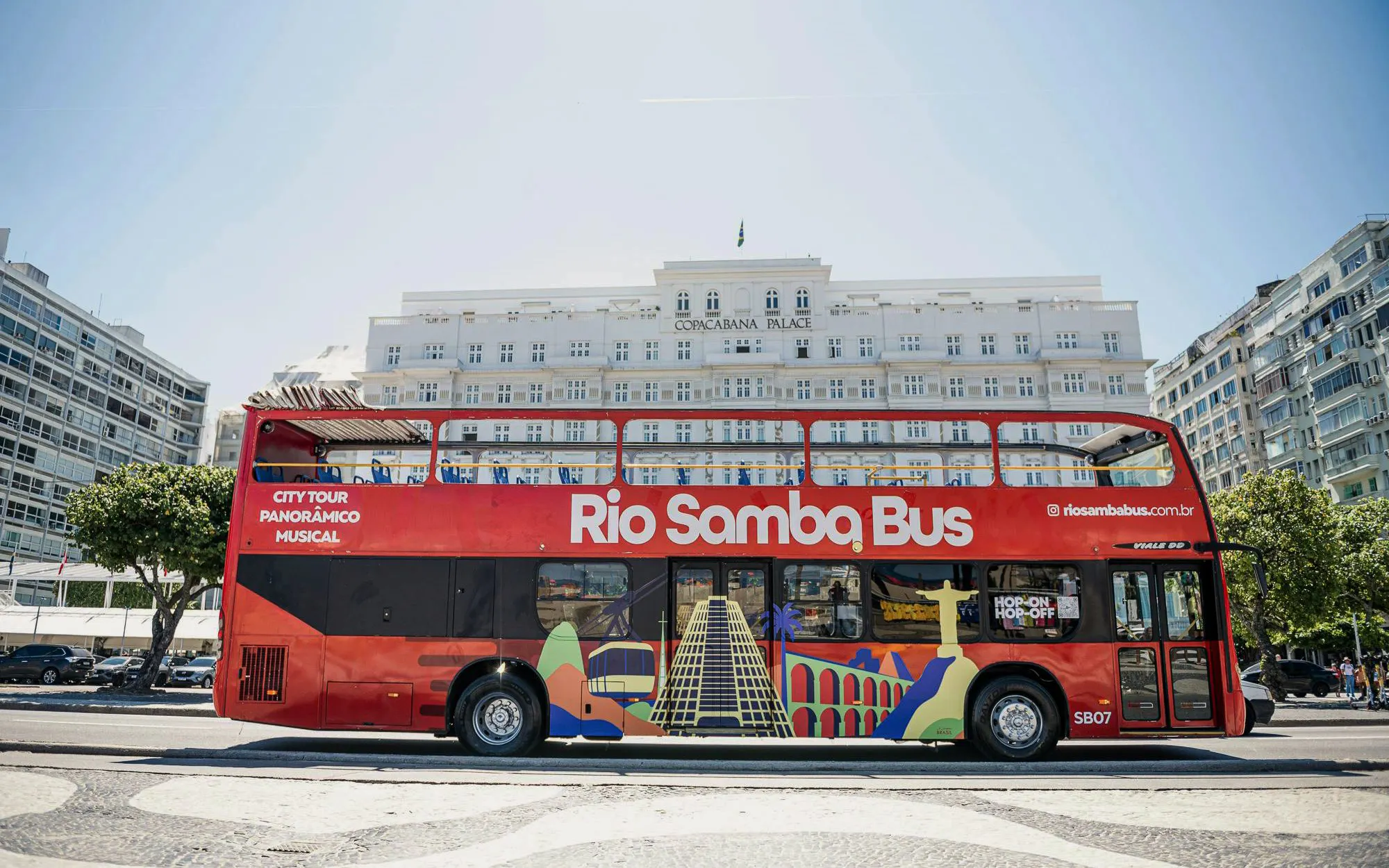 Rio Samba Bus in front of Copacabana Palace, Rio de Janeiro, for hop-on hop-off tour.