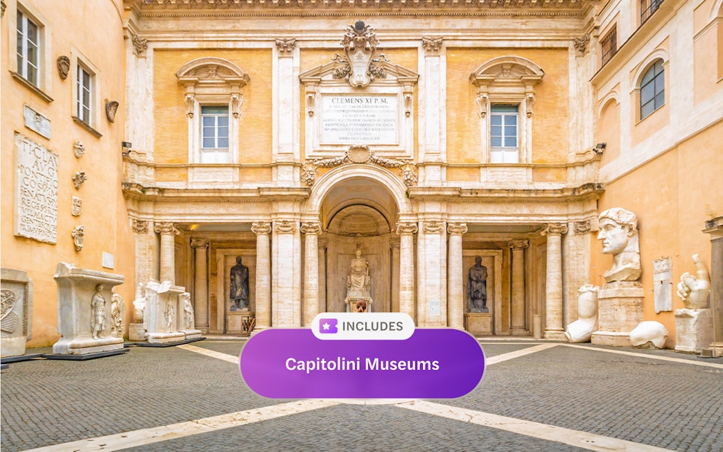 Capitoline Museum entrance with ancient sculptures, Rome, included in Go City explorer pass.