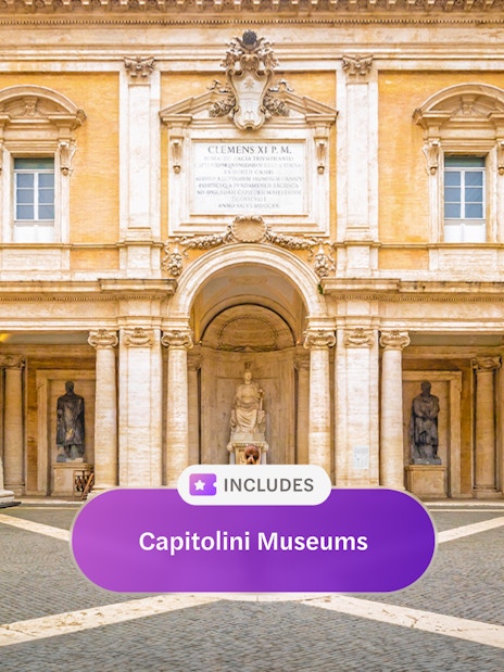 Capitoline Museum entrance with ancient sculptures, Rome, included in Go City explorer pass.