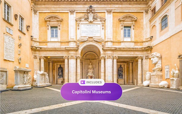 Capitoline Museum entrance with ancient sculptures, Rome, included in Go City explorer pass.