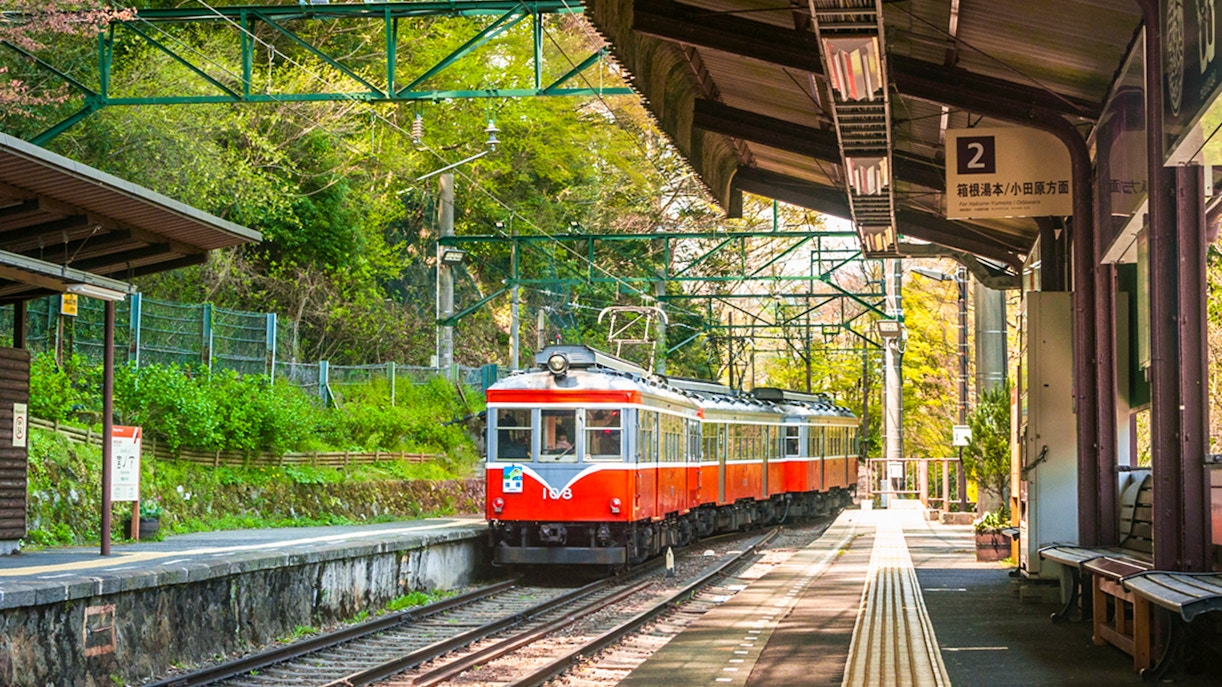 Hakone Tozan train at Hakone station, Japan, surrounded by lush greenery.