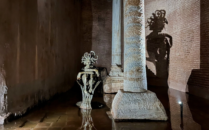 Underground Medusa head statue in Basilica Cistern, Istanbul.