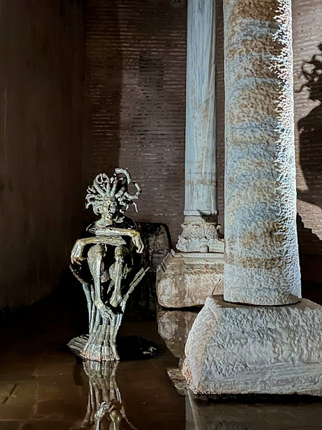 Underground Medusa head statue in Basilica Cistern, Istanbul.