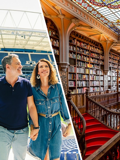Couple at FC Porto stadium and interior of Lello Library, Porto.
