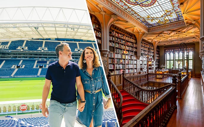 Couple at FC Porto stadium and interior of Lello Library, Porto.