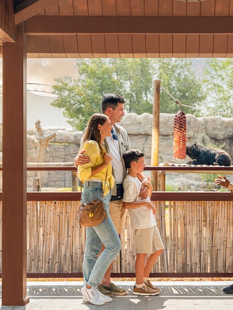 Family learning about bears at Dubai Safari Park.