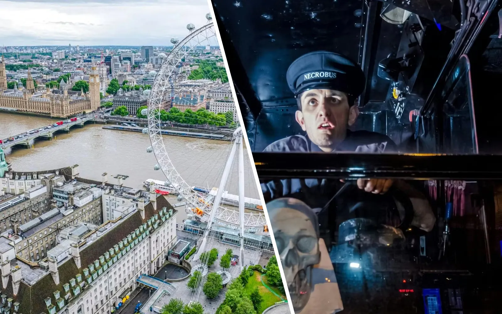 London Eye view and driver on London Ghost Bus Tour.