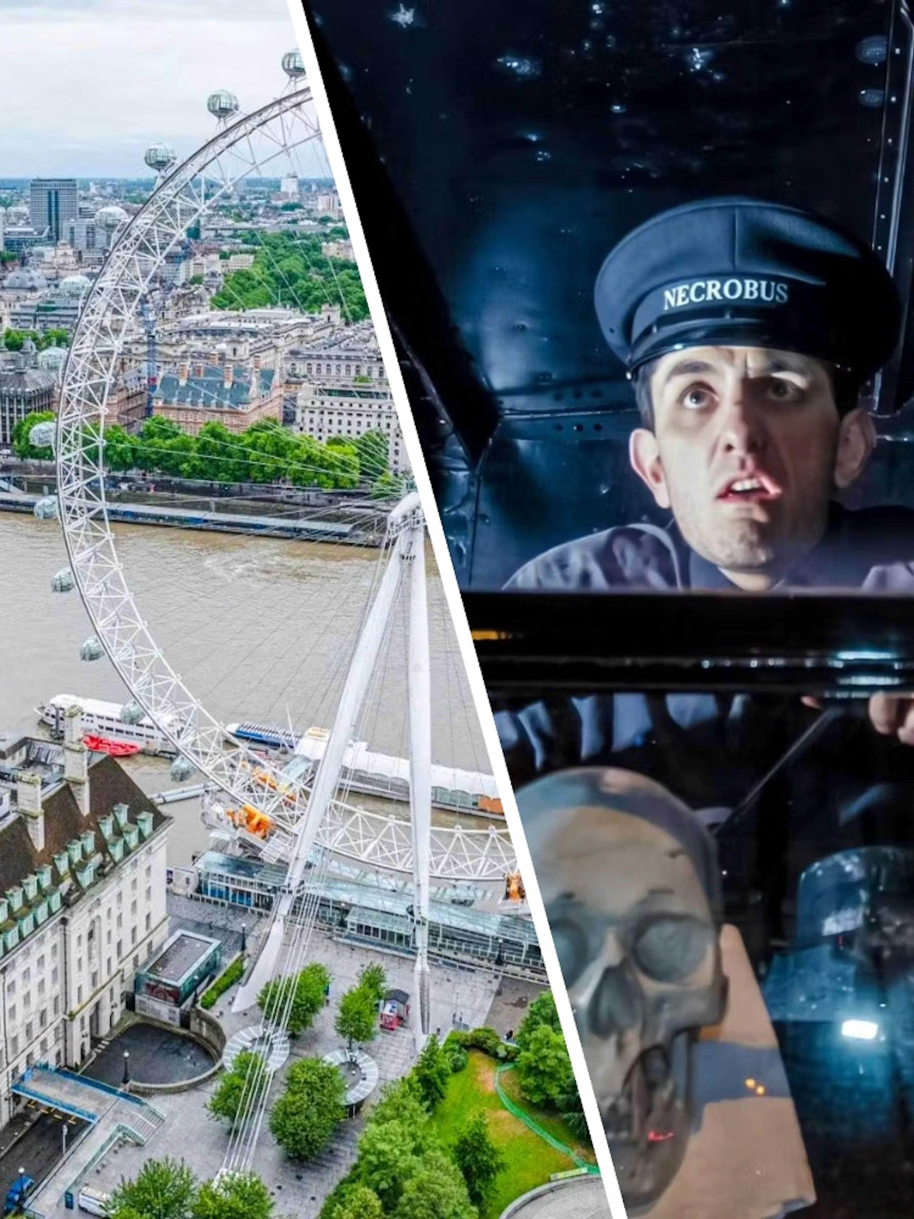 London Eye view and driver on London Ghost Bus Tour.