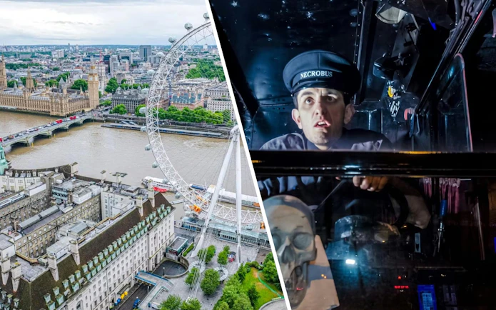 London Eye view and driver on London Ghost Bus Tour.
