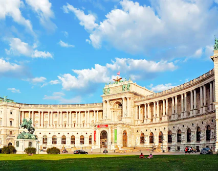 Austrian National Library exterior with equestrian statue, Vienna.