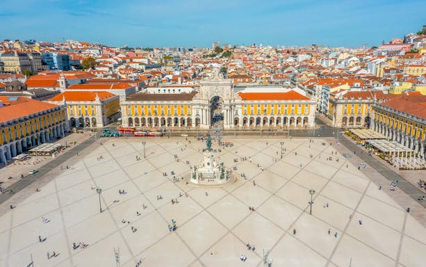 Aerial view of Praça do Comércio with Arco da Rua Augusta in Lisbon, Portugal.
