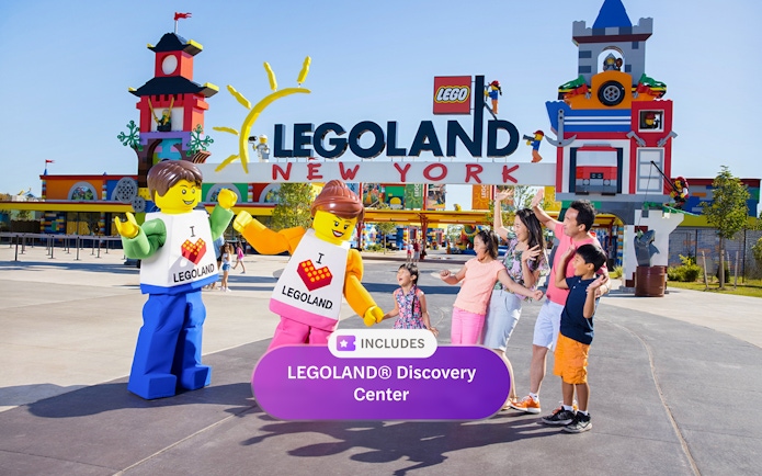LEGOLAND New York entrance with family and LEGO characters, includes Discovery Center.
