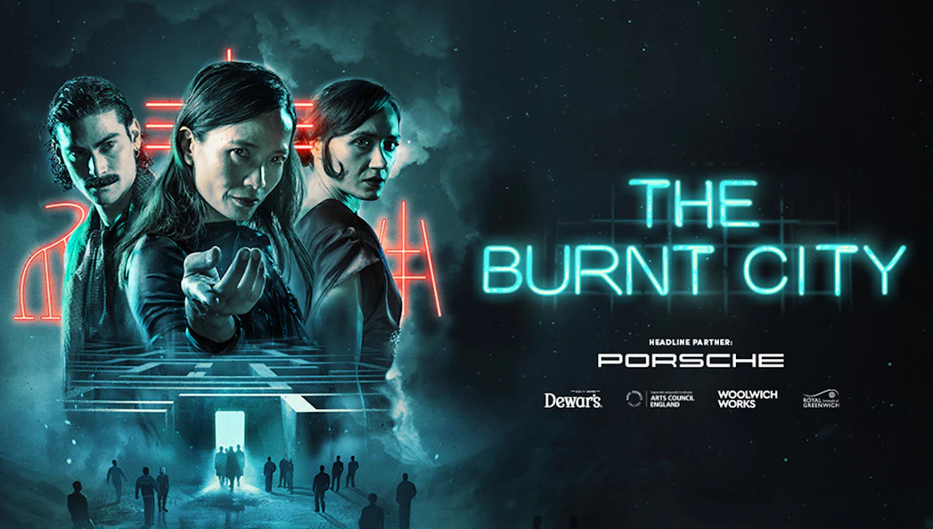 Promotional poster for "The Burnt City" with three characters and neon lights.