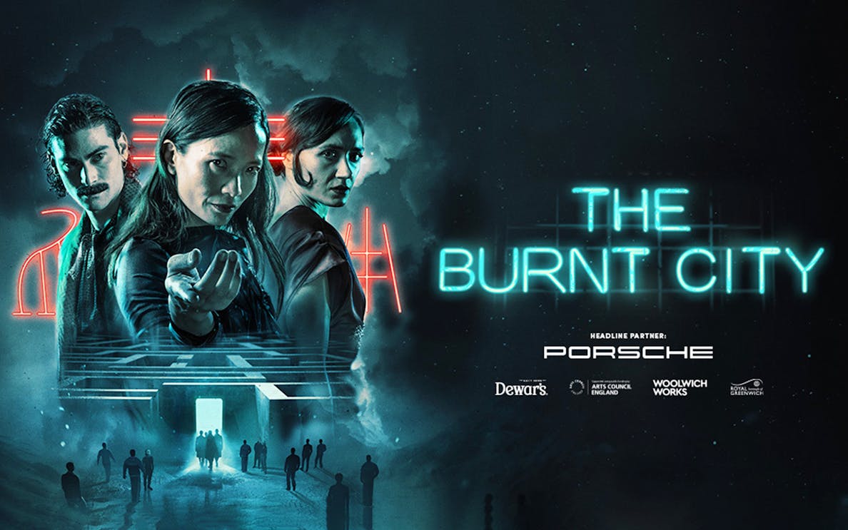 Promotional poster for "The Burnt City" with three characters and neon lights.