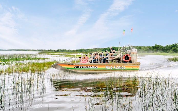 Guests on airboat touring Everglades, Florida, surrounded by wetlands.