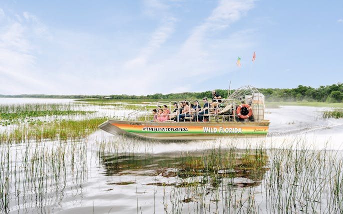 Guests on airboat touring Everglades, Florida, surrounded by wetlands.