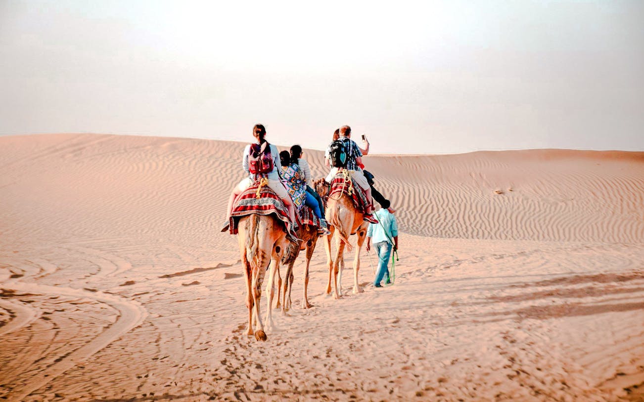 Camel trekking tour in Abu Dhabi desert with riders on camels.