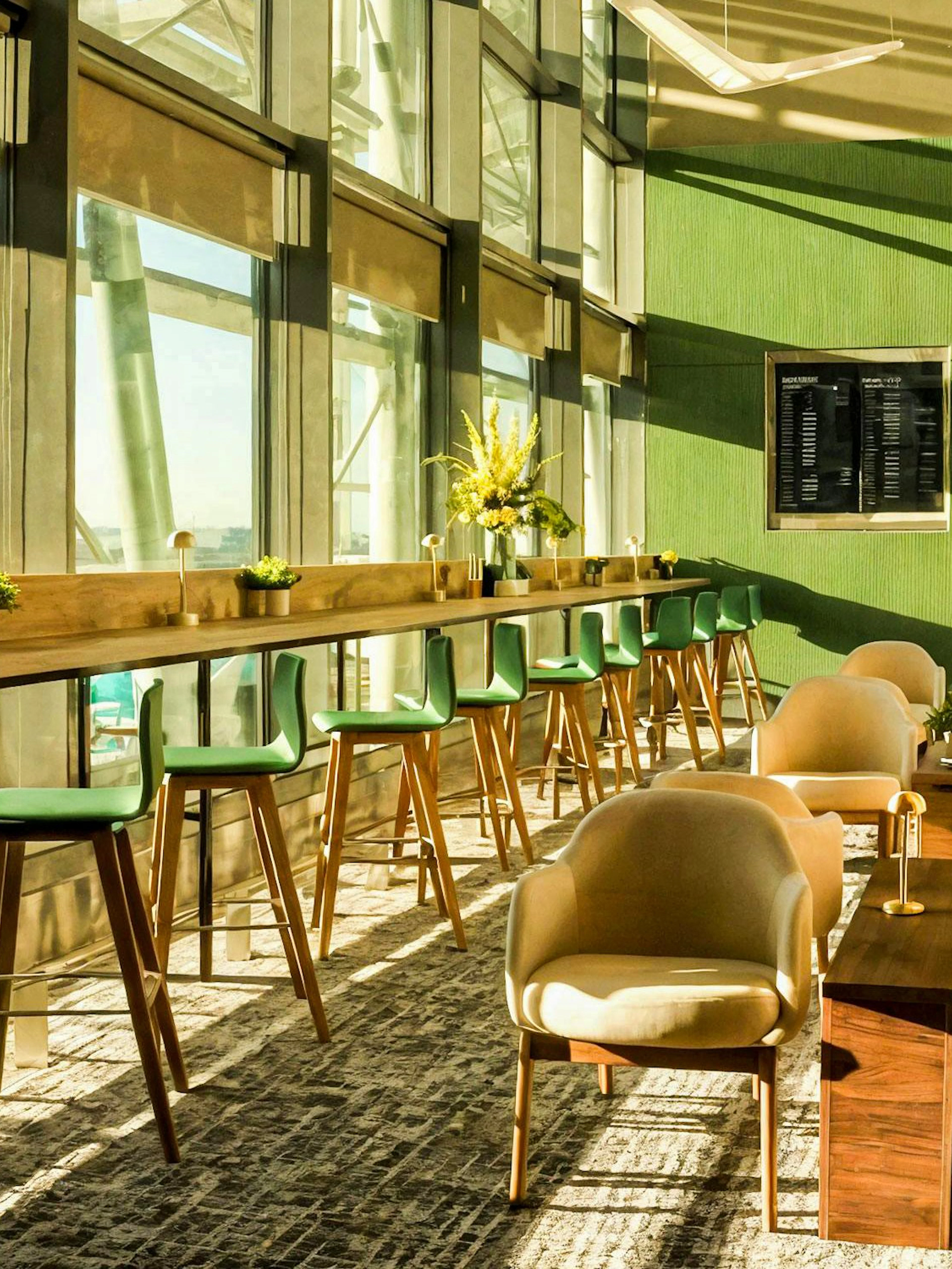Spacious seating area in The Liffey Lounge at Dublin Airport with large windows and modern decor.