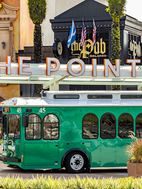 Green I-Ride Trolley at The Pointe Orlando.