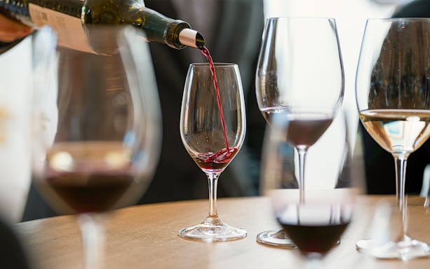 Pouring red wine into a glass at a wine tasting workshop.