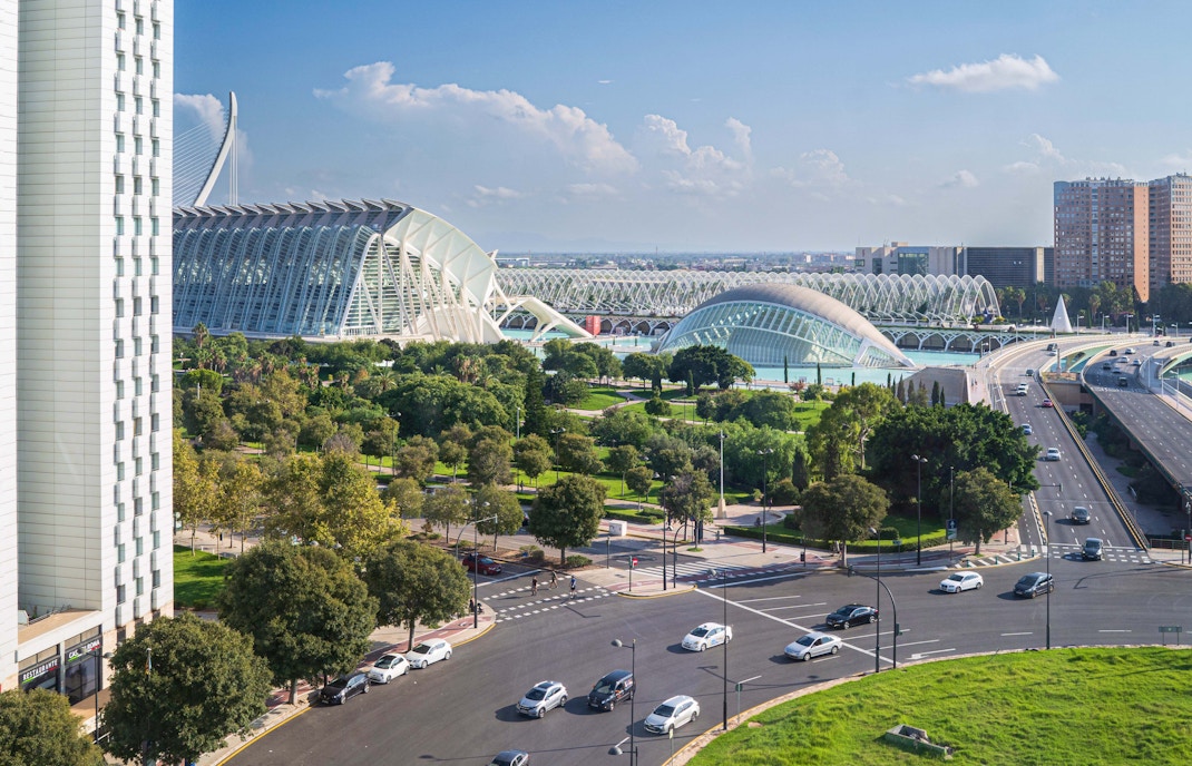 City of Arts and Sciences Valencia, futuristic architecture with water reflections