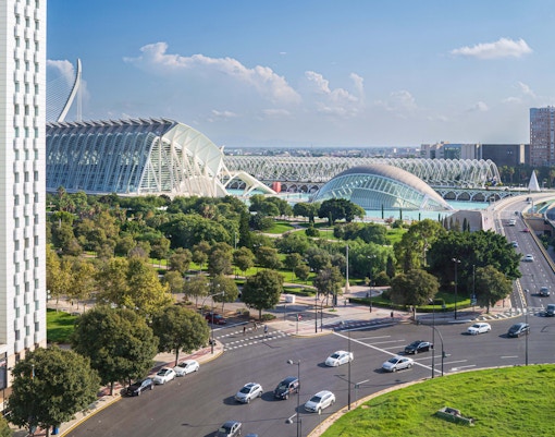 City of Arts and Sciences Valencia with futuristic architecture and green park.