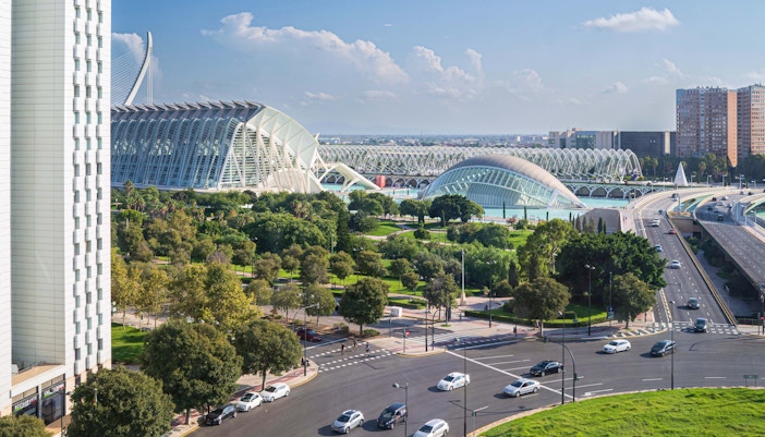 City of Arts and Sciences Valencia, futuristic architecture with water reflections