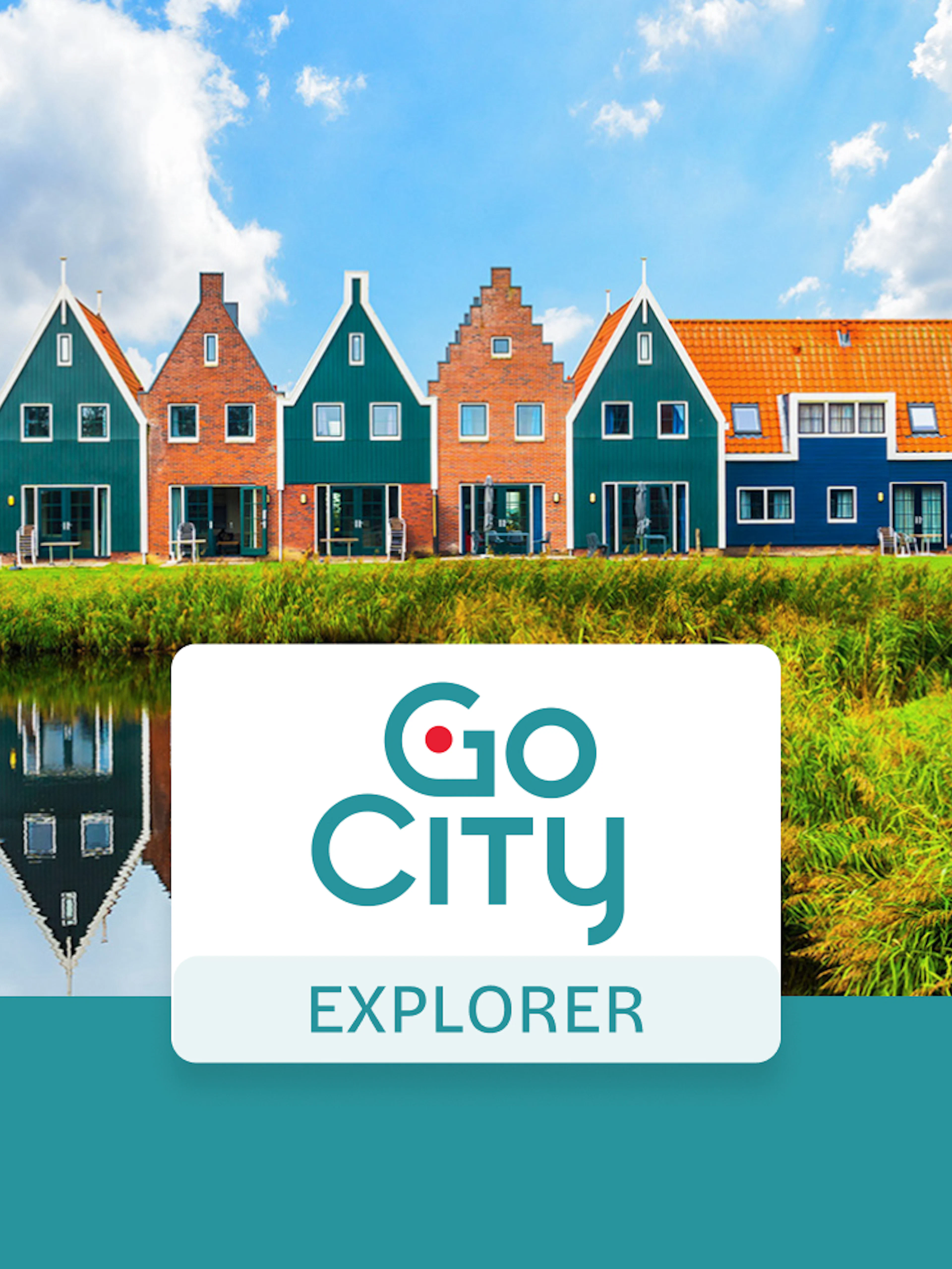 Amsterdam traditional houses and windmill with Go City Explorer Pass logo.