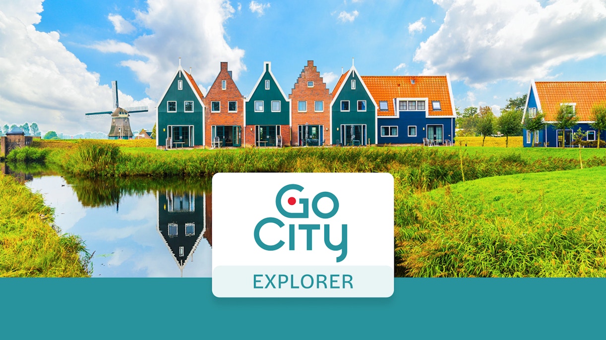 Amsterdam traditional houses and windmill with Go City Explorer Pass logo.