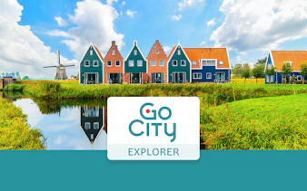 Amsterdam traditional houses and windmill with Go City Explorer Pass logo.
